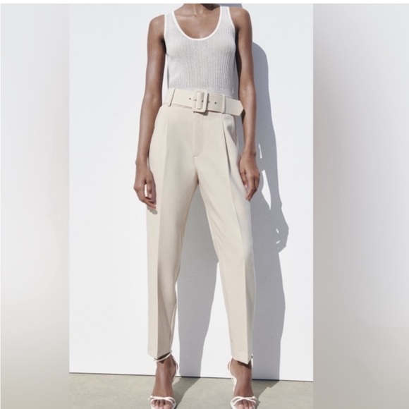 Zara Women’s High Waisted Trouser w/ Fabric Covered Belt. Small. Cream. EUC. - Picture 3 of 10